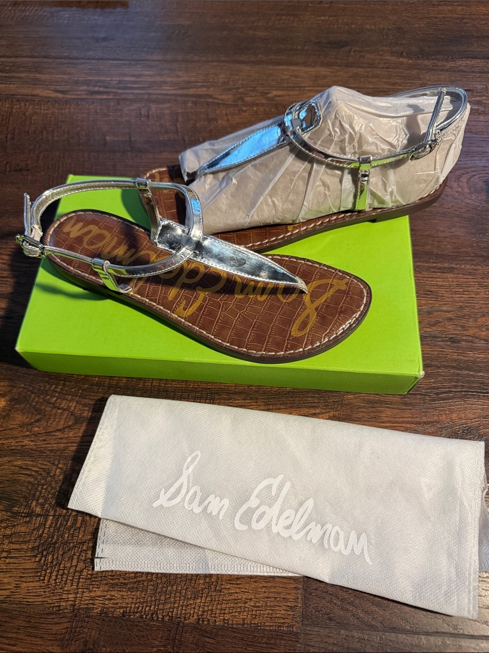 Sam Edelman Metallic Silver T-Strap Sandals with Brown Insole